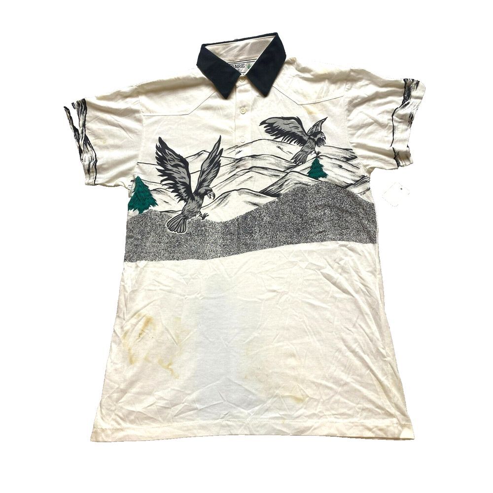 Vintage‎ Prairie Shirt Adult Medium Western Style Bird Contrast Collar Polo Mens